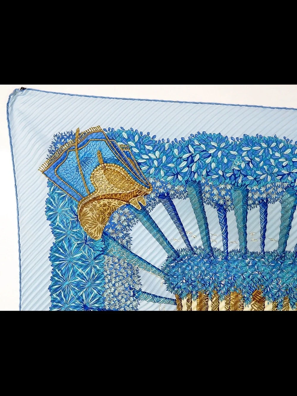 Hermes Light Blue & Gold Pleated Silk Scarf